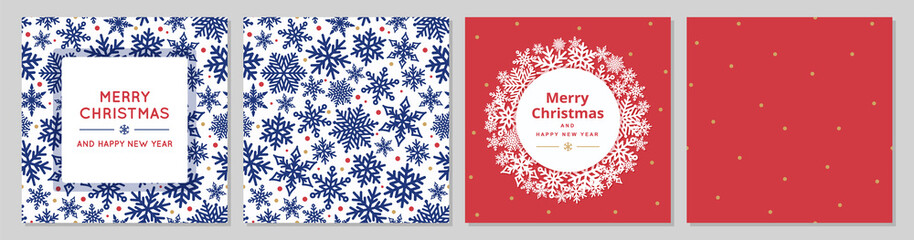 Fototapeta na wymiar Merry Christmas set of greeting cards and seamless patterns with snowflakes and snow. Vector illustration.