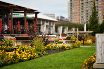 Beautiful green park with flowers, in summer. NY