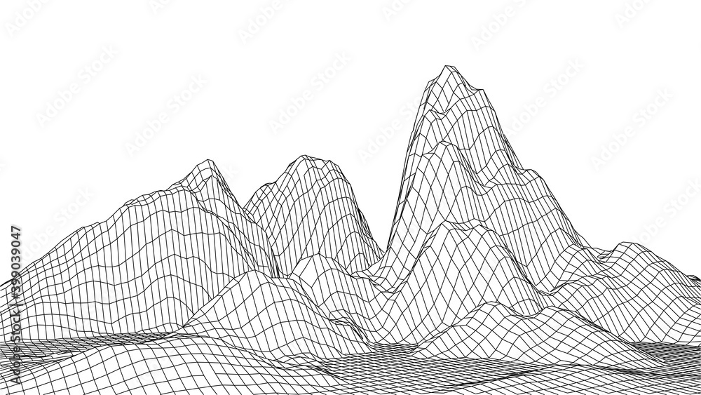 Poster abstract wireframe landscape on white background. technology vector grid. digital futuristic wave.