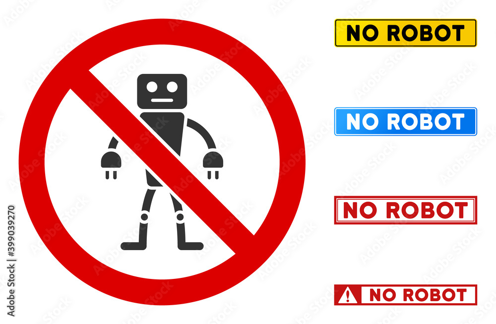 Poster no robot sign with badges in rectangle frames. illustration style is a flat iconic symbol inside red