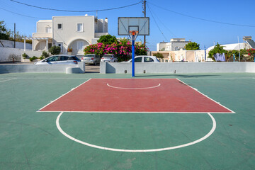 Basketball court in Imerovigli village on Santorini Island. Cyclades, Greece