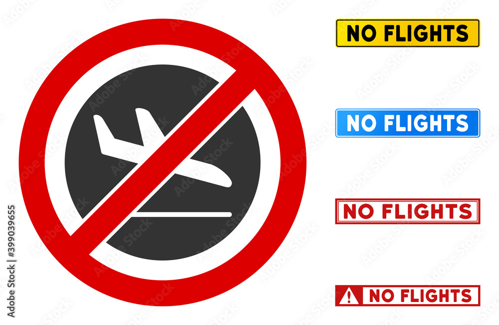 Poster no airplane arrival sign with captions in rectangle frames. illustration style is a flat iconic symb