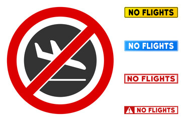 No Airplane Arrival sign with captions in rectangle frames. Illustration style is a flat iconic symbol inside red crossed circle on a white background. Simple No Airplane Arrival vector sign,