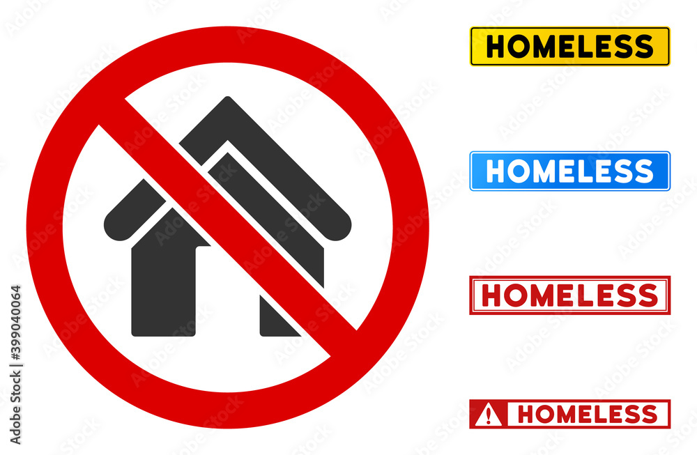 Poster no home sign with texts in rectangular frames. illustration style is a flat iconic symbol inside red
