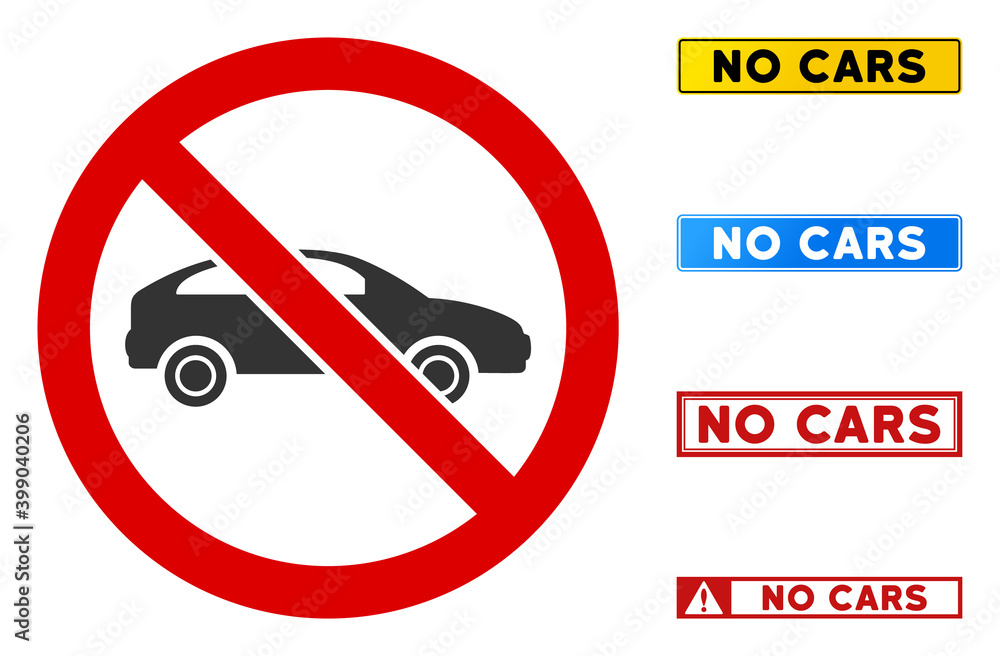 Poster no car sign with texts in rectangular frames. illustration style is a flat iconic symbol inside red 