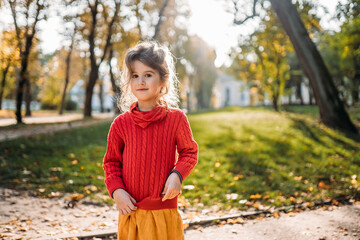 smart and beautiful little girl in the autumn park 
