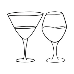 Isolated objects on a white background. Two glasses for wine and martini. Doodle style. Vector illustrations for internet, restaurant menus, fabrics and posters.