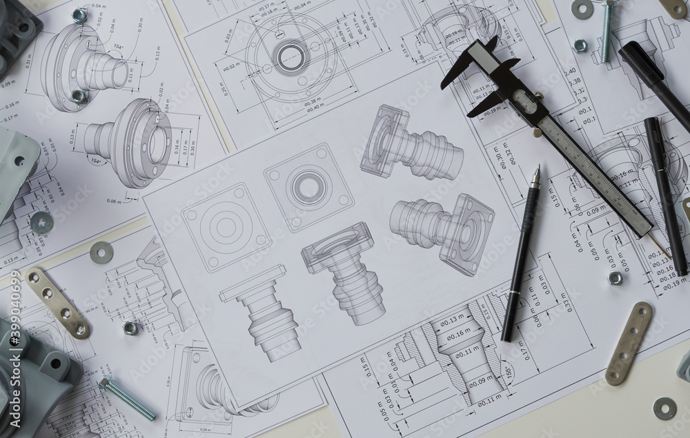 Poster engineer technician designing drawings mechanical parts engineering engine.manufacturing factory ind