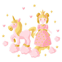 Fototapeta premium Illustration of little princess and unicorn.
