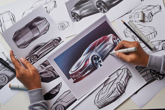 Designer engineer automotive design drawing sketch development Prototype concept car industrial creative.