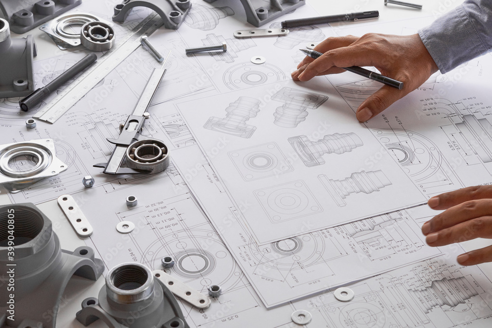 Poster engineer technician designing drawings mechanical parts engineering engine.manufacturing factory ind