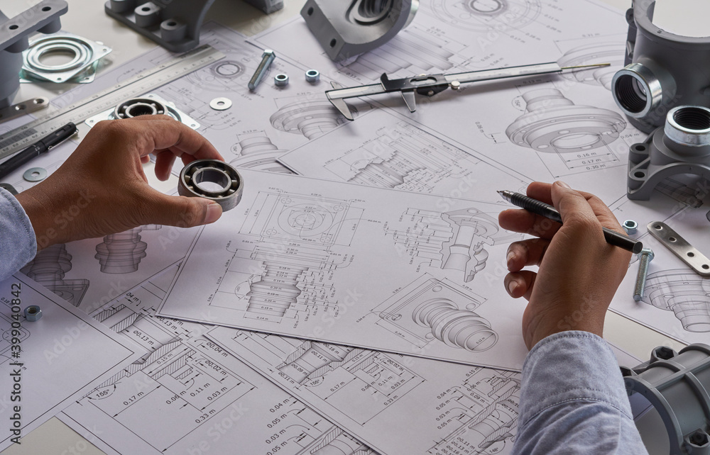 Poster engineer technician designing drawings mechanical parts engineering engine.manufacturing factory ind