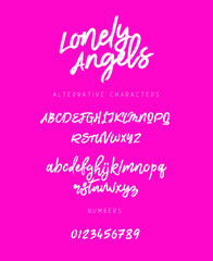 Beautiful brush font made by hands. Lettering. Letters and numbers. English alphabet on a pink background. Vector illustration.