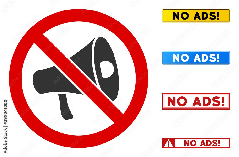 Poster no megaphone sign with badges in rectangular frames. illustration style is a flat iconic symbol insi