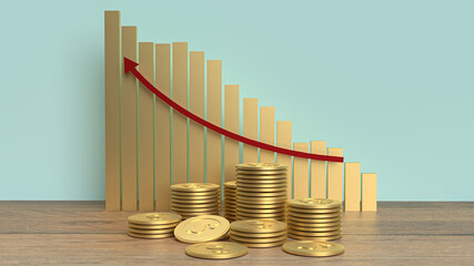 The gold coins and chart arrow up for business content 3d rendering.