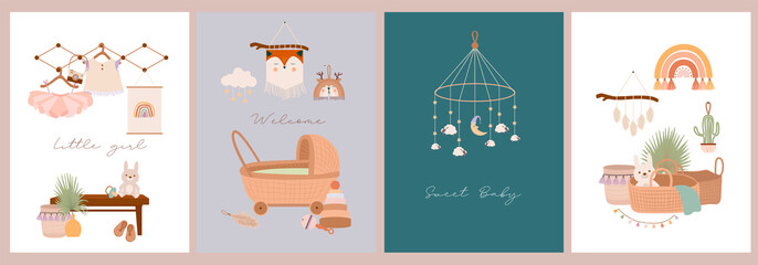 Set of cute boho baby cards in Scandinavian style. Cartoon doodle kids clipart for baby shower invitation card, poster. Editable vector illustration.