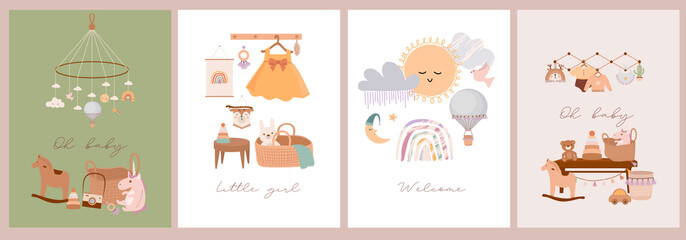 Set of cute boho baby cards in Scandinavian style. Cartoon doodle kids clipart for baby shower invitation card, poster. Editable vector illustration.