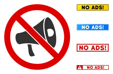 No Megaphone sign with badges in rectangular frames. Illustration style is a flat iconic symbol inside red crossed circle on a white background. Simple No Megaphone vector sign, designed for rules,