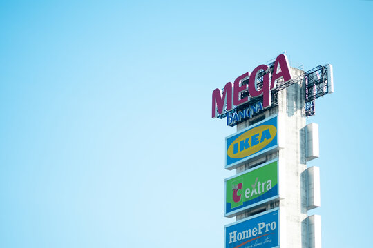 Samut Prakan, Thailand - December 13, 2020 : Mega Bangna Sign On Beautiful Blue Sky Backgroud.