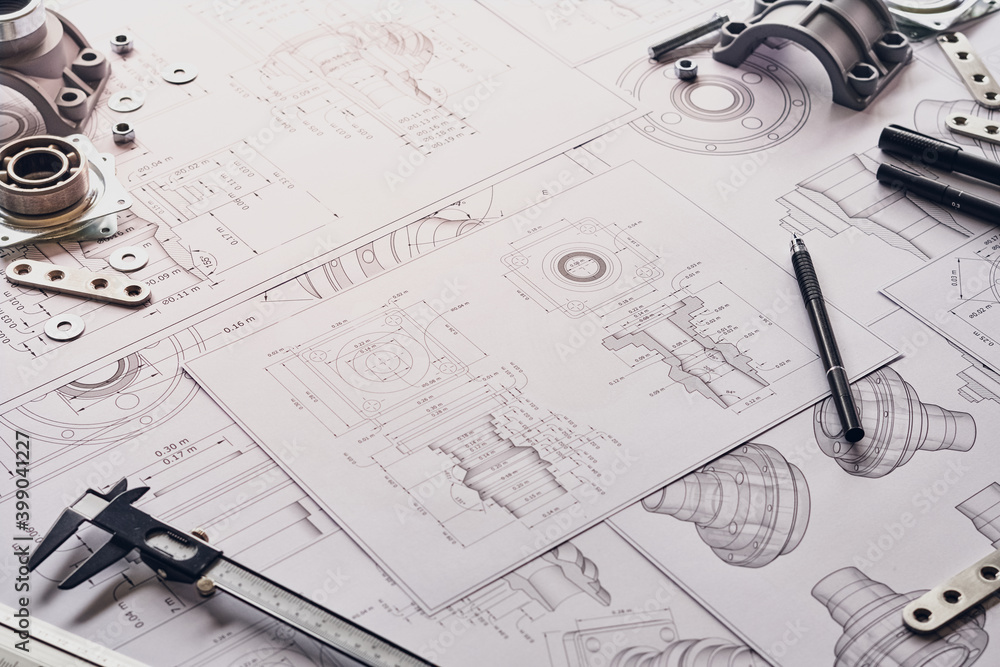 Poster engineer technician designing drawings mechanical parts engineering engine.manufacturing factory ind