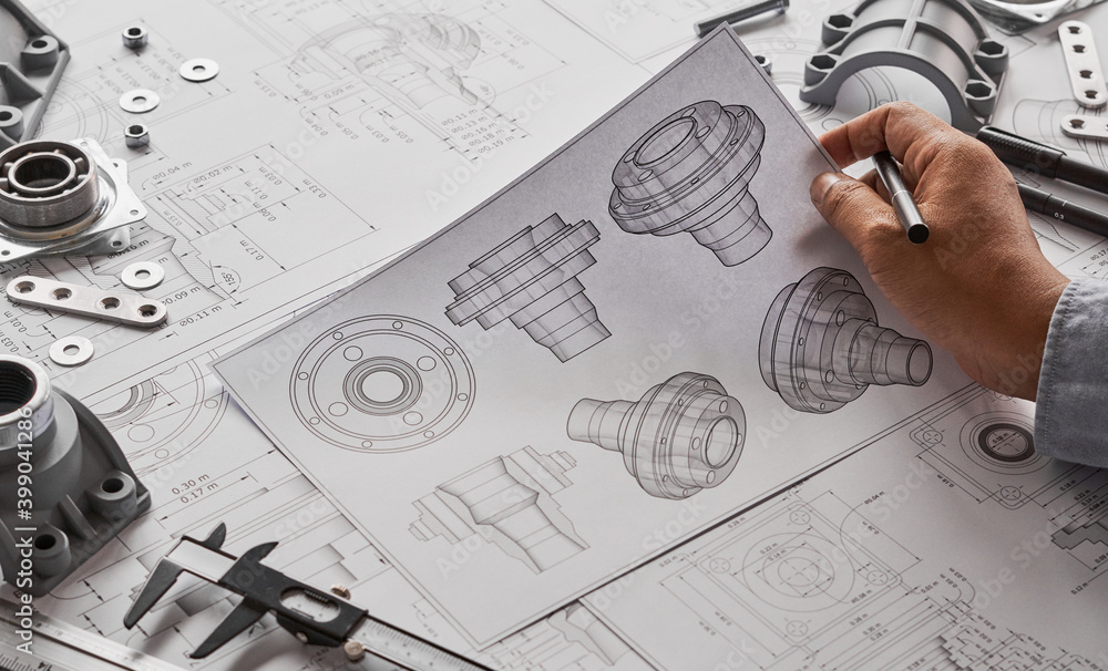 Poster engineer technician designing drawings mechanical parts engineering engine.manufacturing factory ind