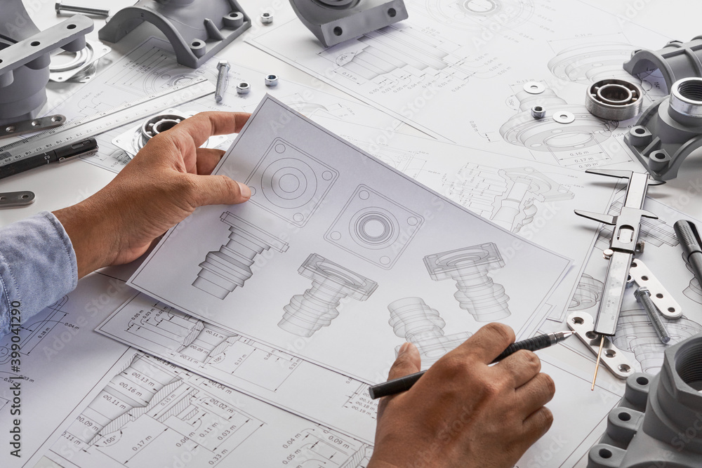 Poster engineer technician designing drawings mechanical parts engineering engine.manufacturing factory ind
