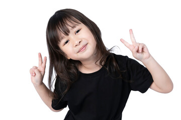 Cute little, Asian woman raising two fingers, amazed Isolated on white background