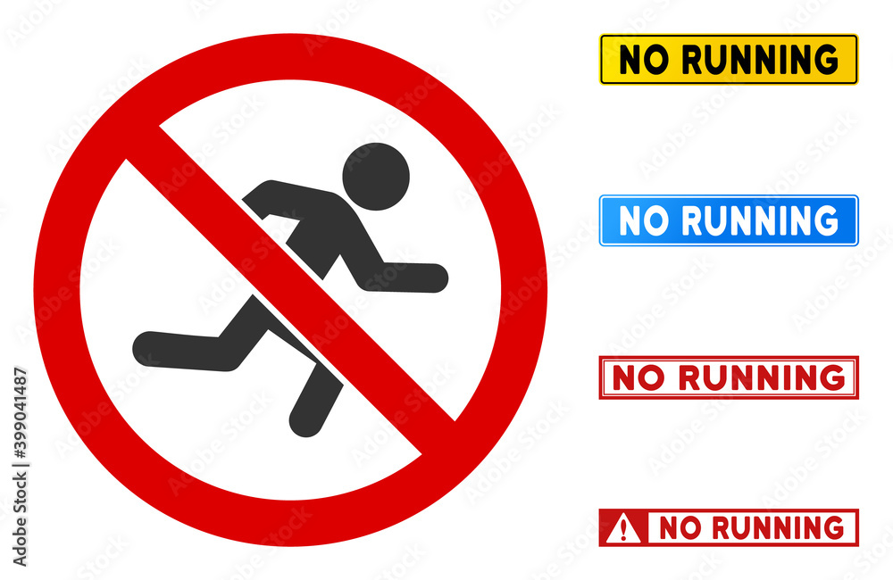 Poster no running man sign with texts in rectangle frames. illustration style is a flat iconic symbol insid