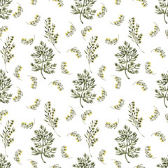 Watercolor seamless pattern with stylized twigs, flowers and leaves of the Wormwood plant