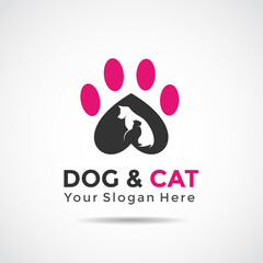 Pets template logo design. Dog and cat with footprints. Vector Illustrator