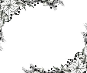 Christmas vintage card, hand drawn winter floral frame with poinsettia flowers and fir tree branches for Christmas cards, greetings or invitations, black floral art