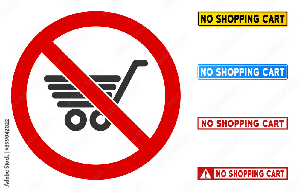 Aufkleber no shopping cart sign with messages in rectangle frames. illustration style is a flat iconic symbol 