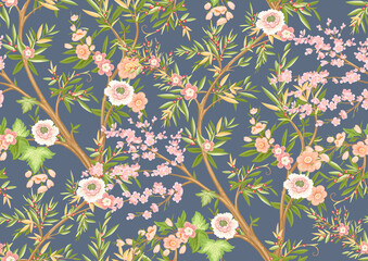 Motif floral harmonieux de style chinoiserie. Illustration vectorielle.
