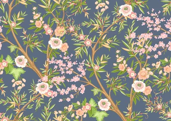 Papier Peint Lavable Style japonais Motif floral harmonieux de style chinoiserie. Illustration vectorielle.