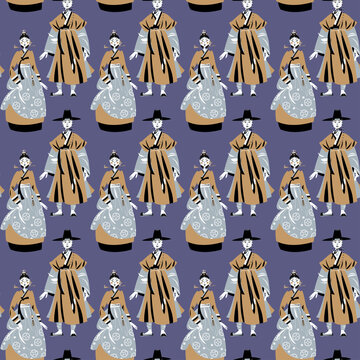 Young Korean couple wearing traditional dresses. Hanbok. Seamless background pattern.