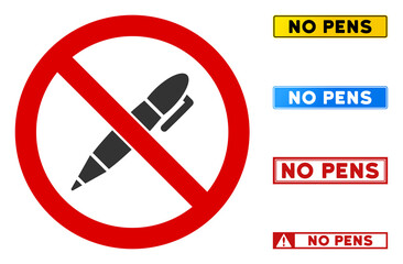 No Pen sign with captions in rectangular frames. Illustration style is a flat iconic symbol inside red crossed circle on a white background. Simple No Pen vector sign, designed for rules,