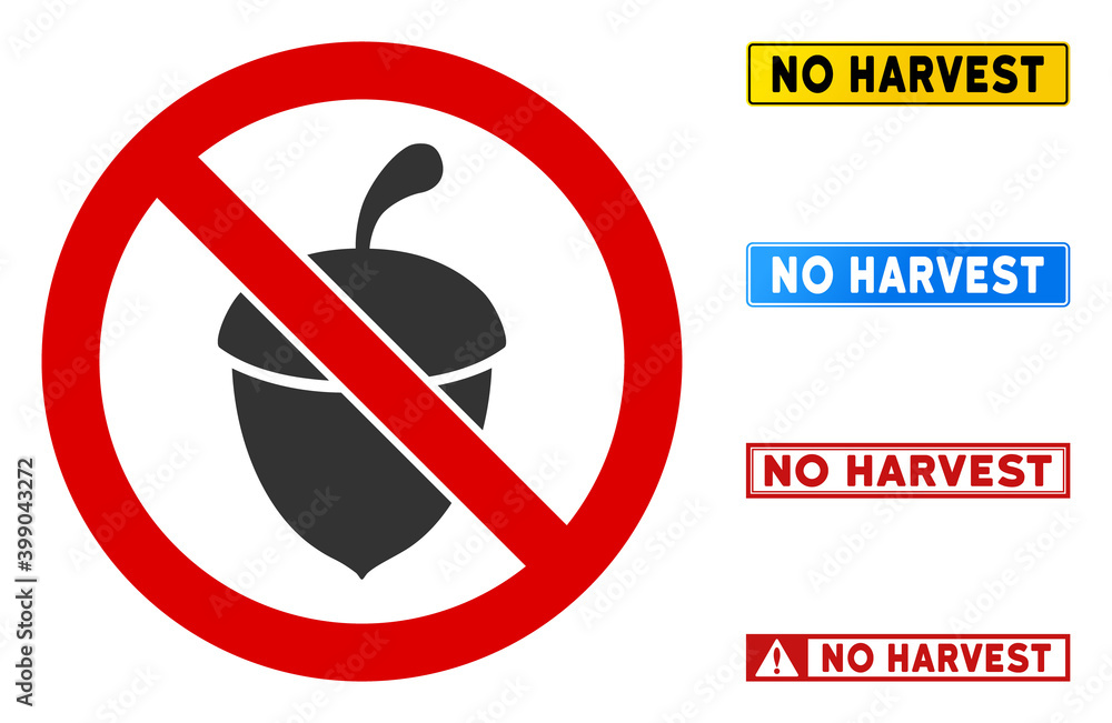 Poster no acorn sign with texts in rectangle frames. illustration style is a flat iconic symbol inside red 