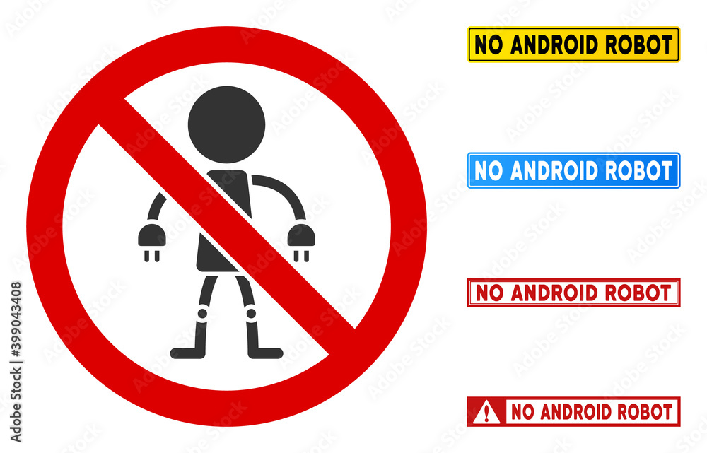 Poster no android robot sign with texts in rectangle frames. illustration style is a flat iconic symbol ins
