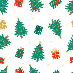 Decorated Christmas Trees, Presents, and Sparkles Seamless Repeat Pattern. Festive Christmas Pattern.