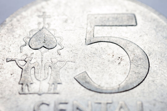 Obsolete Lithuanian 5 cent coin macro detail