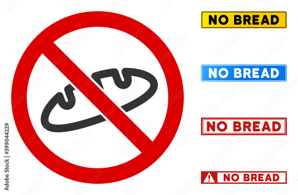 Poster no bread sign with messages in rectangular frames. illustration style is a flat iconic symbol inside
