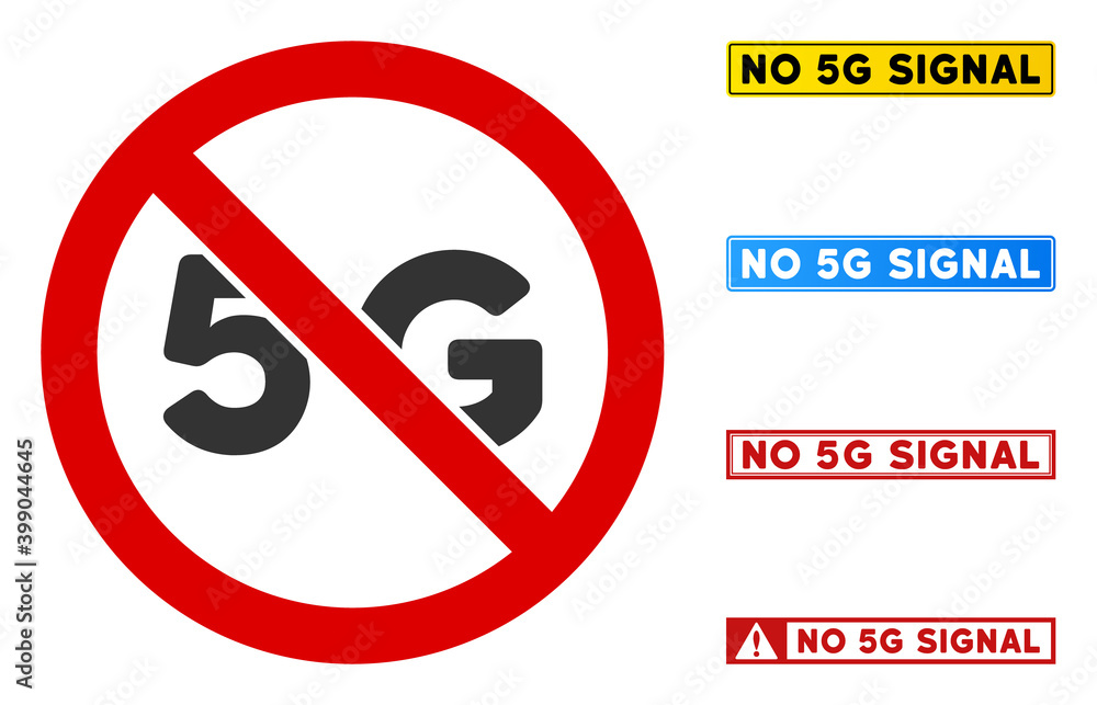 Poster no 5g sign with texts in rectangle frames. illustration style is a flat iconic symbol inside red cro