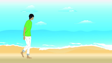 A man with a green t-shirt and white trousers walking on the beach by the sea