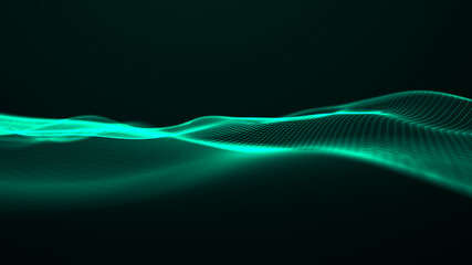 Abstract wave with moving dots and lines. Flow of particles. Cyber technology illustration. 3d rendering