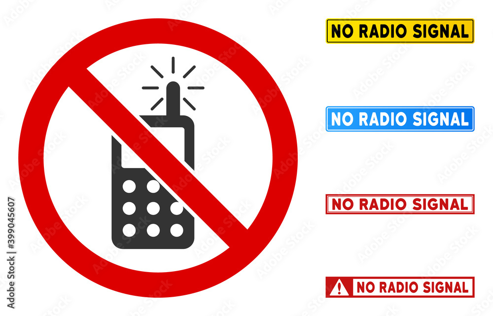 Aufkleber no radio transmitter sign with captions in rectangle frames. illustration style is a flat iconic sym