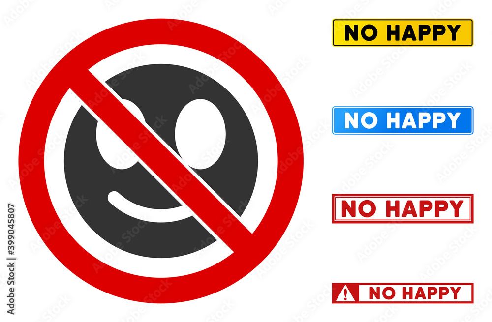 Poster no happy face sign with texts in rectangle frames. illustration style is a flat iconic symbol inside