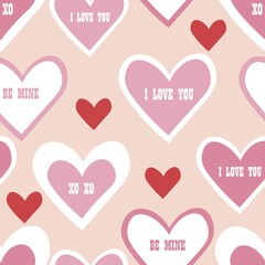 Seamless valentine's day illustration. Multicolored hearts with lettering on a plain background.Flat vector illustration for printing wrapping paper, cards and banners.