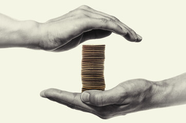 Stack of coin are protected by woman hands. Black and white. Concept safe custody of cash. - obrazy, fototapety, plakaty