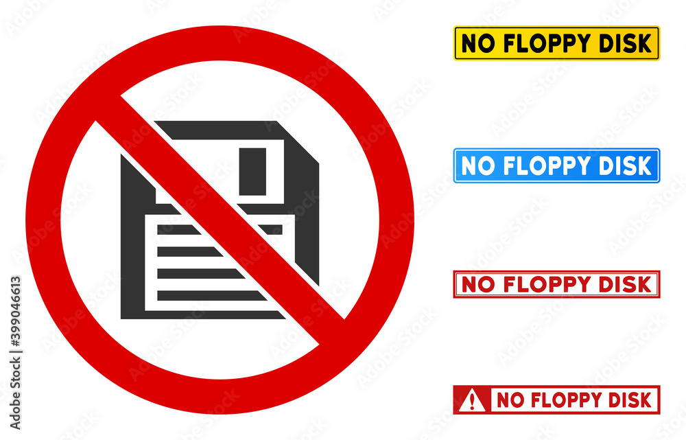 Poster no floppy disk sign with badges in rectangle frames. illustration style is a flat iconic symbol insi