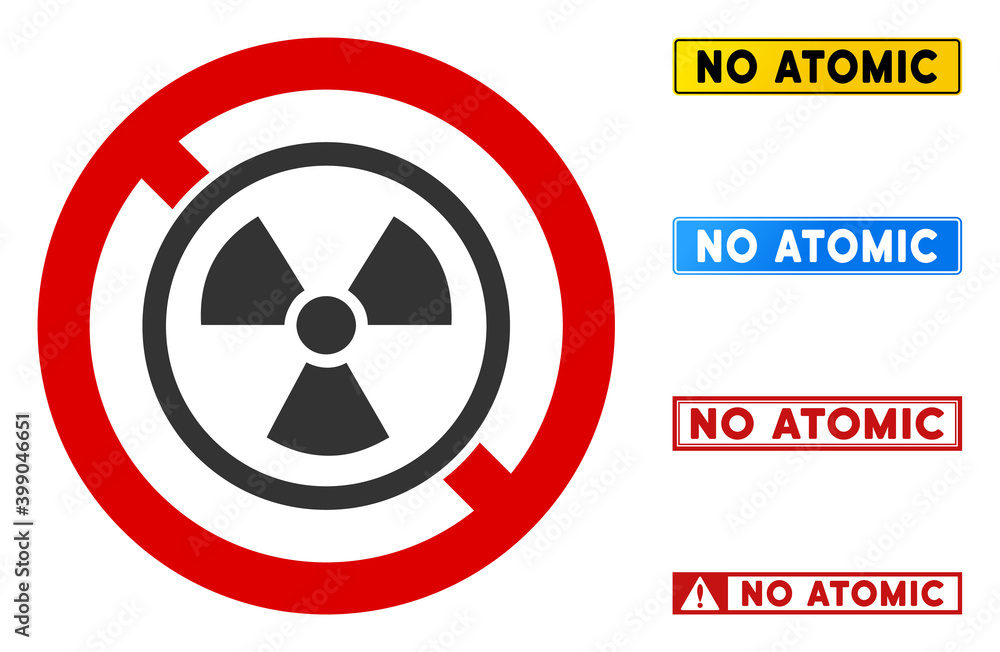 Aufkleber no atomic sign with phrases in rectangular frames. illustration style is a flat iconic symbol inside